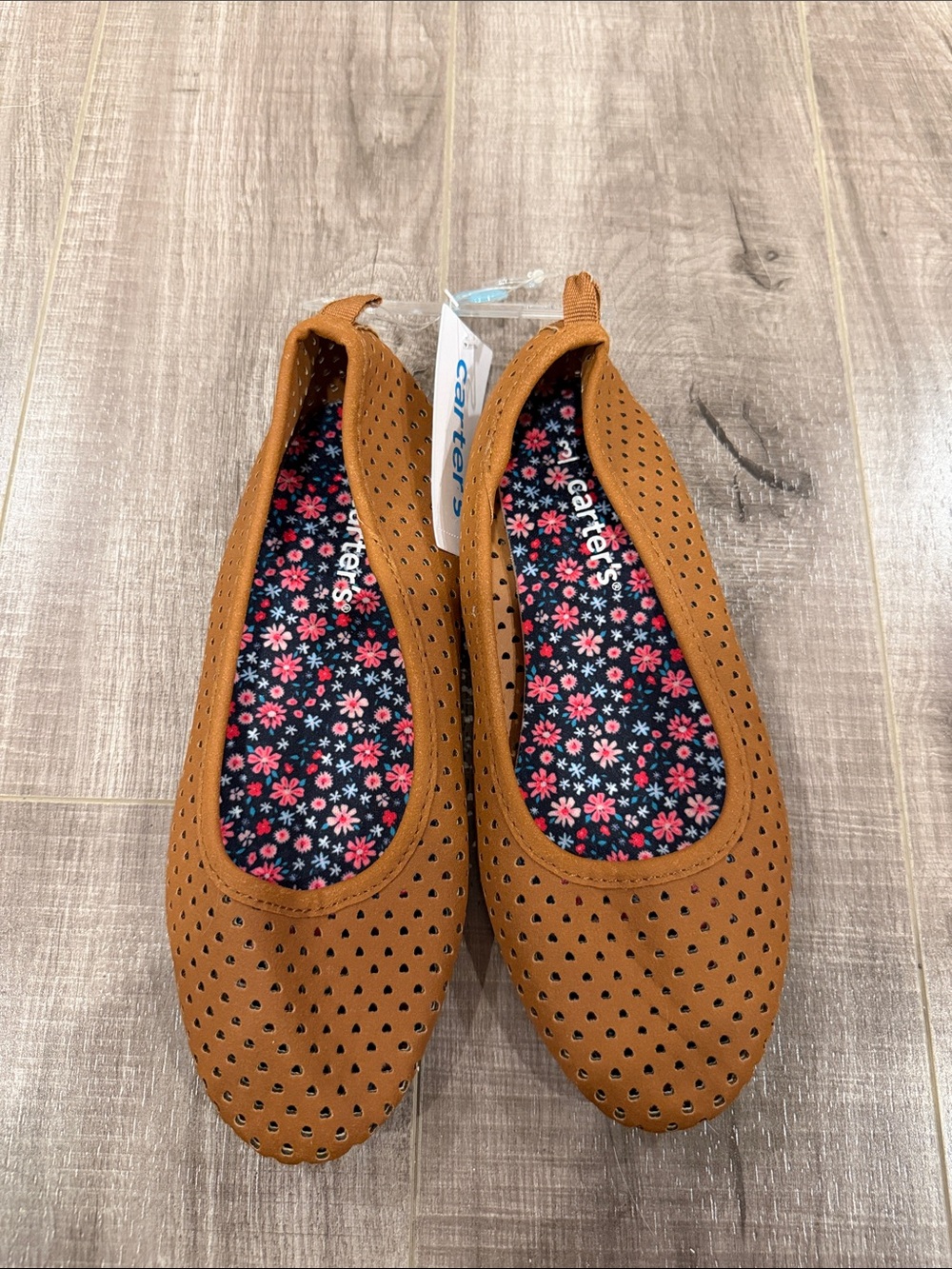 Carter's Girls Tan Perforated Slip-On Ballet Flats with Floral Insole